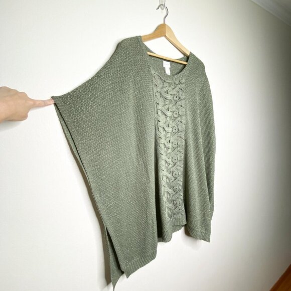 NWT Chico's Lucy Lace Body Poncho Sweater Green Gold Metallic Open Front L/XL - Picture 5 of 13